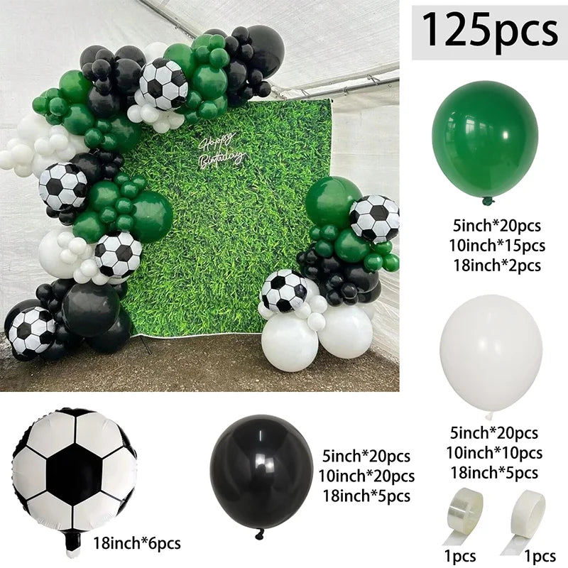 A green and black balloon garland arch kit featuring various sized balloons for a football party decoration.