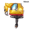 A shiny gold construction truck foil balloon with a red bumper and black exhaust pipe.