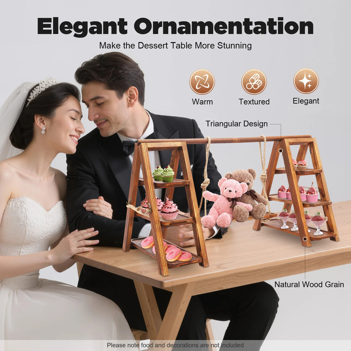 A couple is admiring a wooden triangular display stand used for elegant ornamentation on a dessert table.
