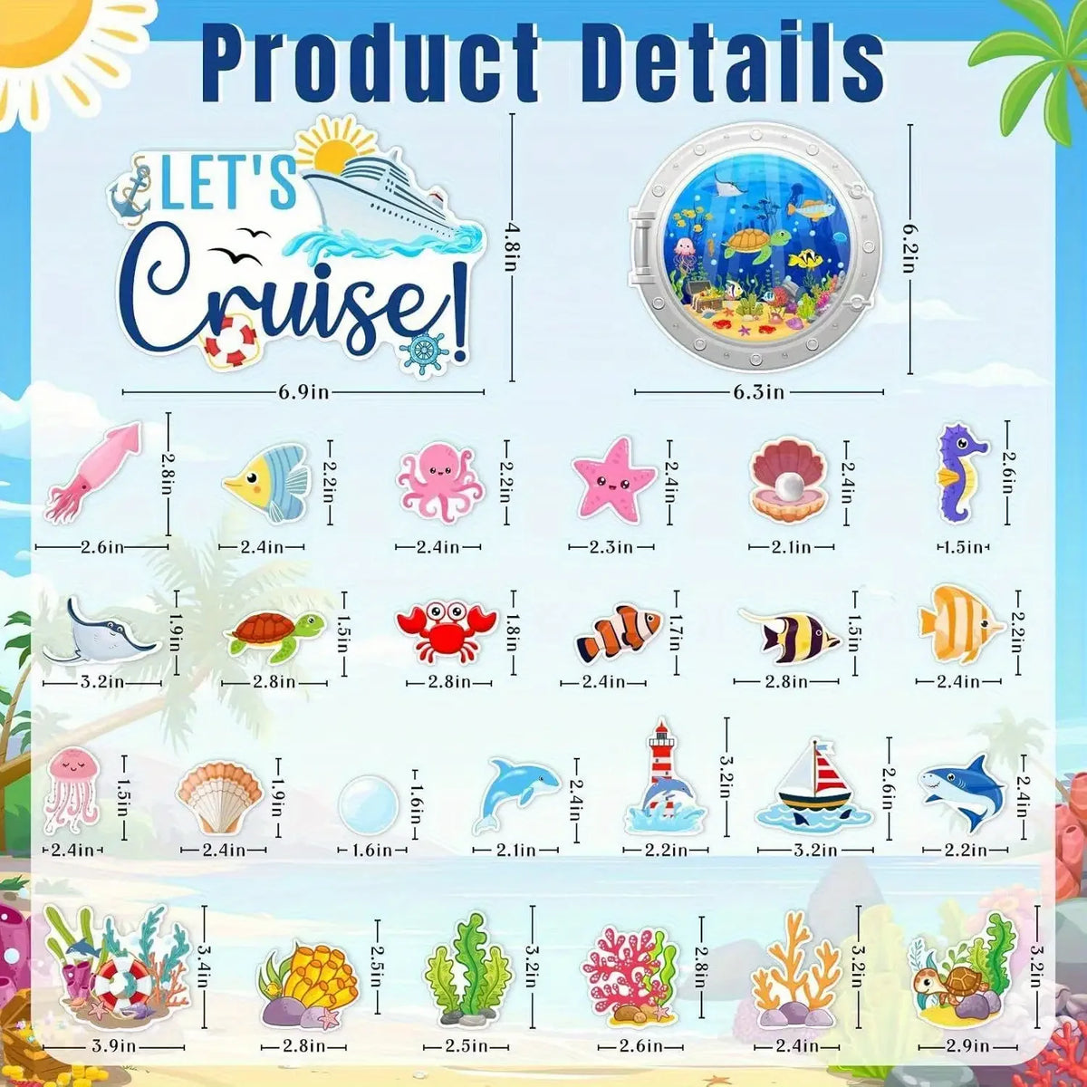 A collection of colorful ocean and sea creatures, including fish, starfish, and marine animals, displayed on a product detail