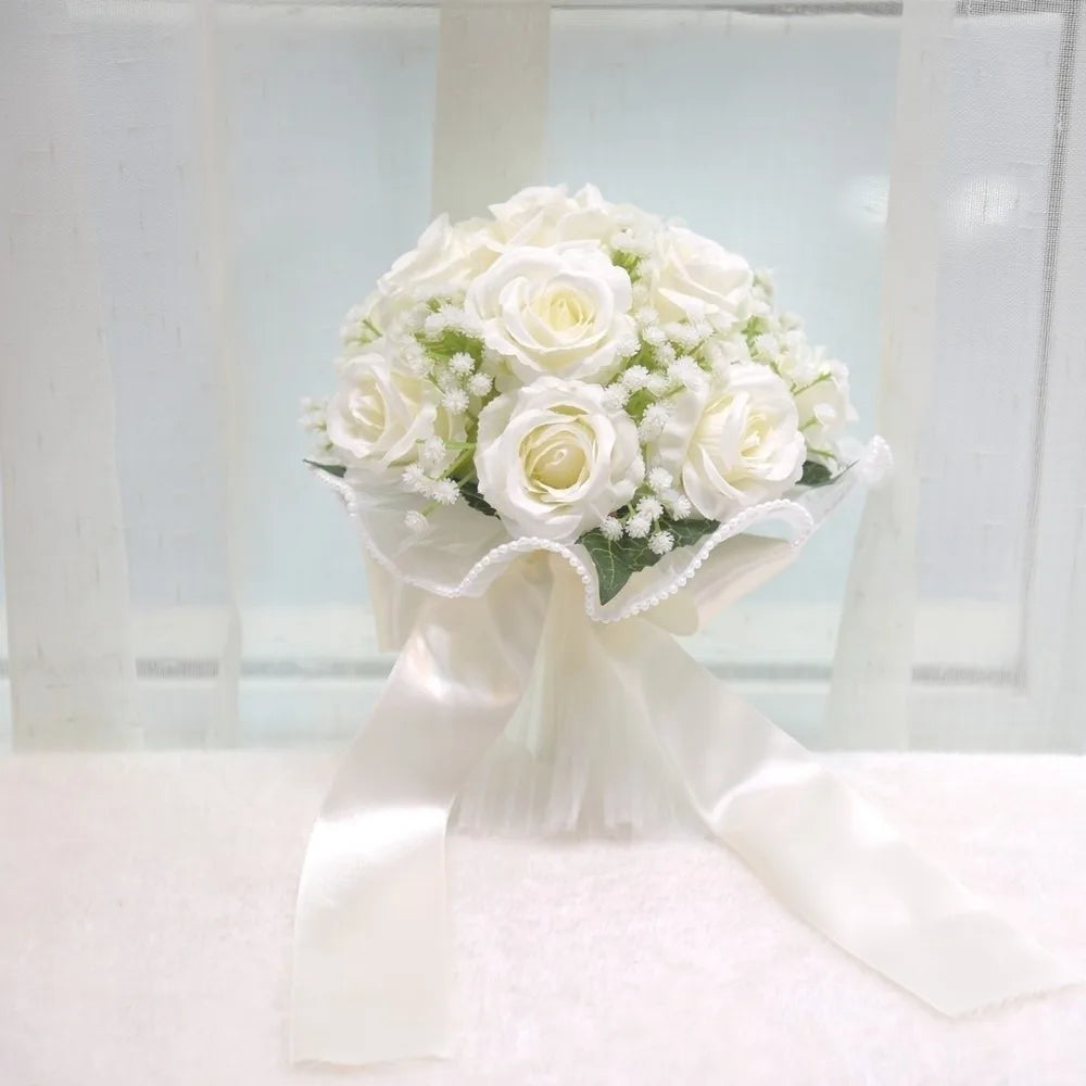 Elegant Silk Rose Bridal Bouquet with Baby's Breath