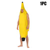 A person wearing a yellow banana costume with a face cutout, standing and walking.