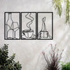 Three framed minimalist metal wall art pieces depicting bottles, a steaming cup, and a stylized figure.