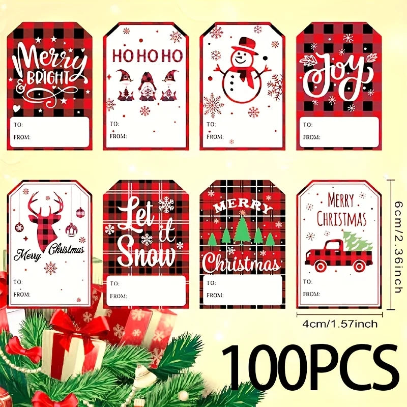 A collection of 100 Christmas themed stickers featuring holiday phrases and designs on a white background.