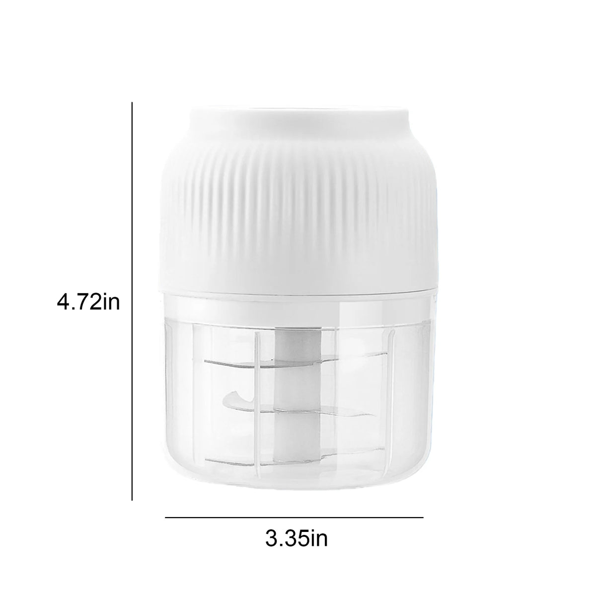 White cordless electric mini food chopper with a clear plastic bowl and grinding blade.