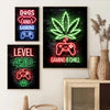 Three neon signs featuring dogs, a cannabis leaf, and a gamepad for gaming and chill