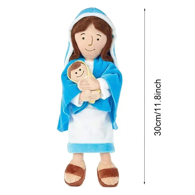 A plush doll depicting Jesus and the Virgin Mary wearing blue robes and white clothing.