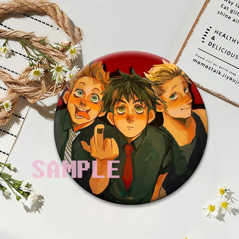 A set of collectible button pins featuring characters from a punk band album cover.