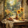 A still life painting featuring a glass bottle, fruit, and flowers on a wooden table next to a window frame.