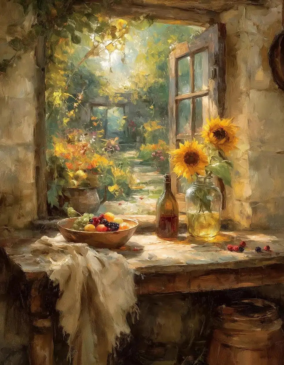 A still life painting featuring a glass bottle, fruit, and flowers on a wooden table next to a window frame.