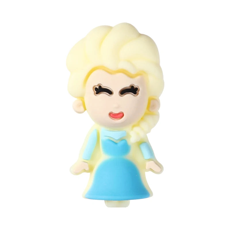 A light yellow silicone plant bead shaped like a stylized female face with blonde hair and blue clothing.