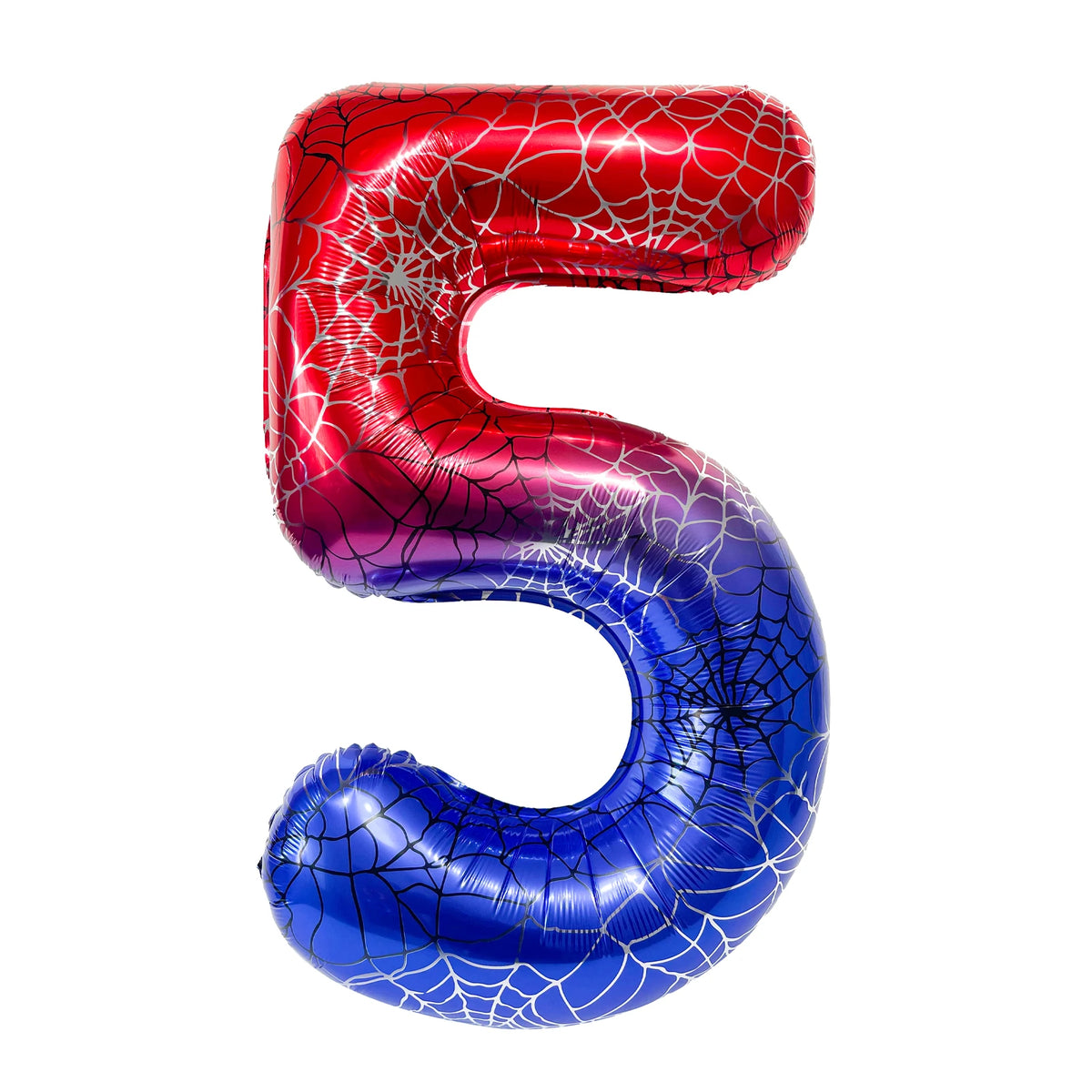 A red, purple, and blue foil balloon shaped like the number 5 with a spiderweb pattern.