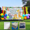 A banner decoration set featuring bear and giraffe balloons and streamers for a gender reveal party.