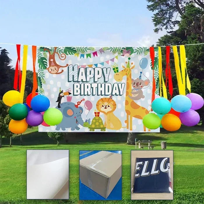 A banner decoration set featuring bear and giraffe balloons and streamers for a gender reveal party.