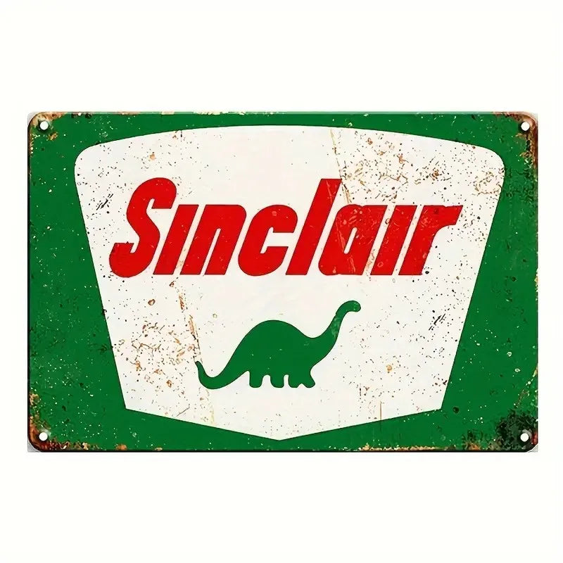 Vintage metal tin sign with a white background and red text reading Sinclair and a green dinosaur silhouette.