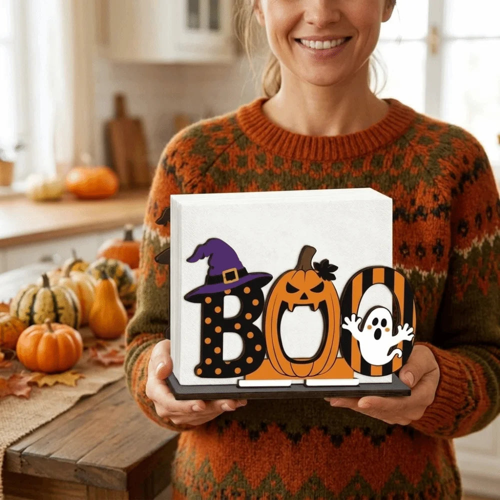 A woman holds a wooden tissue dispenser featuring a carved pumpkin and ghost design against an orange sweater.