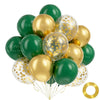 A cluster of chrome gold and dark green balloons with gold confetti details.
