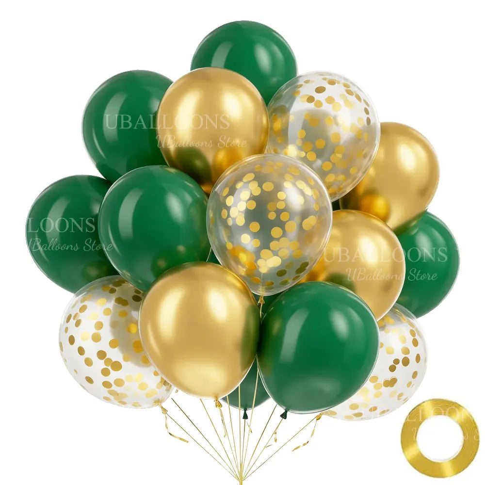 A cluster of chrome gold and dark green balloons with gold confetti details.
