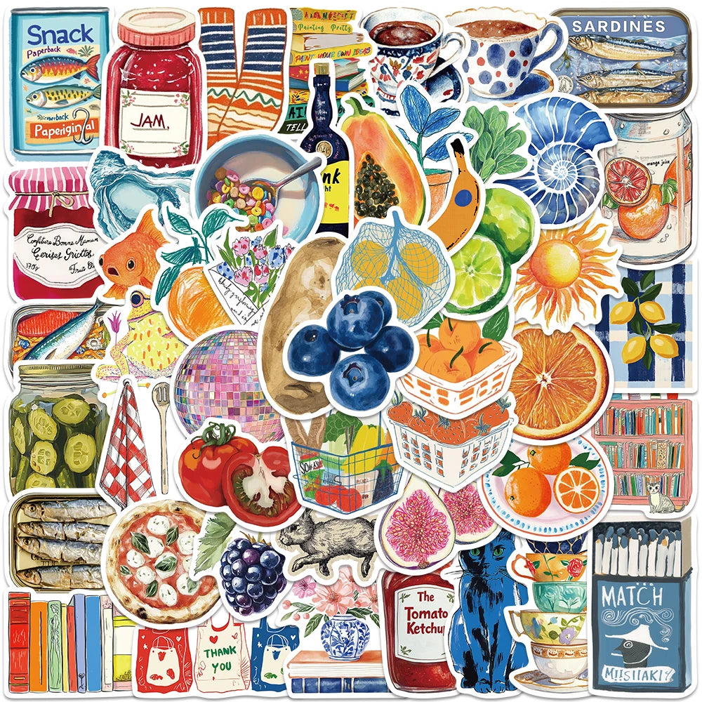 A collection of watercolor stickers featuring various fruits, vegetables, and food items like jam, sardines, and citrus slice