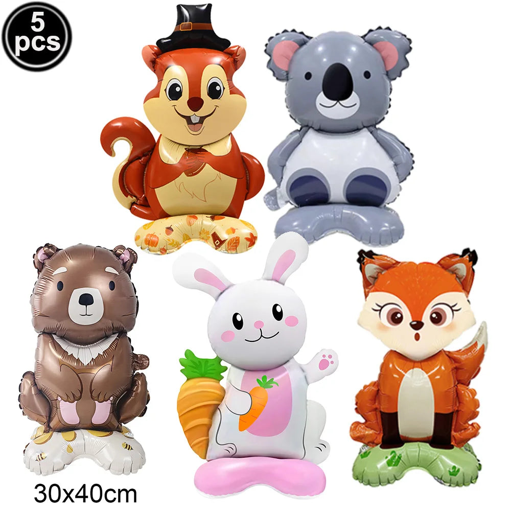 Five cute animal figures including a fox, bear, elephant, and rabbit for birthday decorations