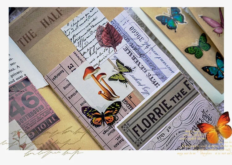 A collage of vintage paper, handwritten notes, and butterfly stickers for scrapbooking.