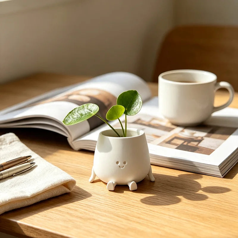 A white 3D printed smiley face succulent planter sits on a wooden table next to an open book and a white mug.