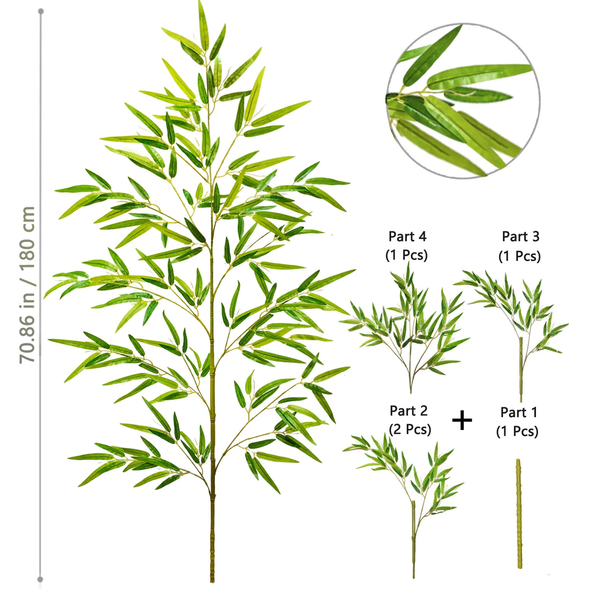 Illustration of an artificial bamboo branch with green leaves showing various parts and a magnified leaf detail.