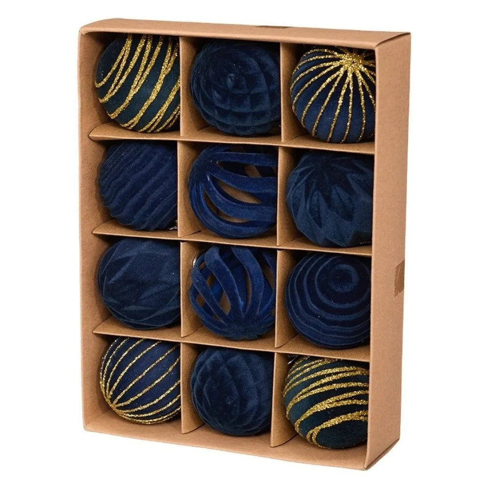 A brown box containing twelve dark blue velvet Christmas hanging ornaments with gold accents.