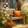 A rustic wooden bench sits beside a stone path, surrounded by wildflowers and an orange cushion.