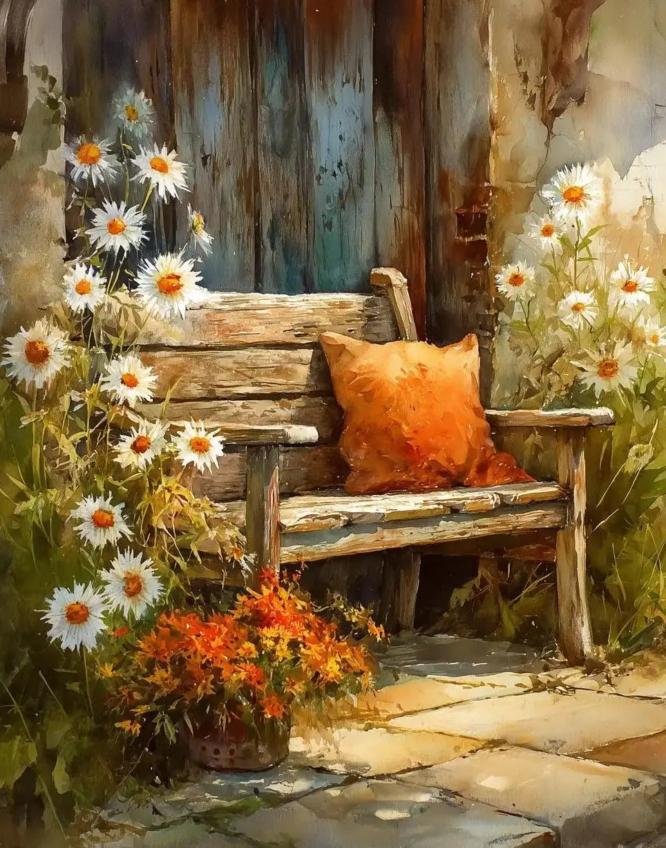 A rustic wooden bench sits beside a stone path, surrounded by wildflowers and an orange cushion.