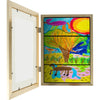 A wooden picture frame displaying a colorful painting of an orange tree, birds, and a landscape.