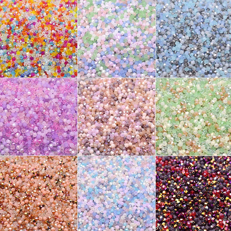 A grid of mixed colored faceted bicone glass beads for jewelry making in various shades of pink, purple, green, and blue.