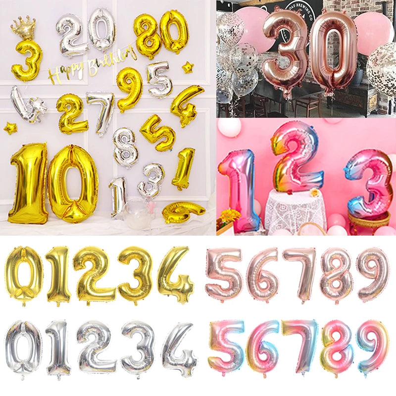A collection of rose gold and silver gradient foil balloons in various numbers and shapes.