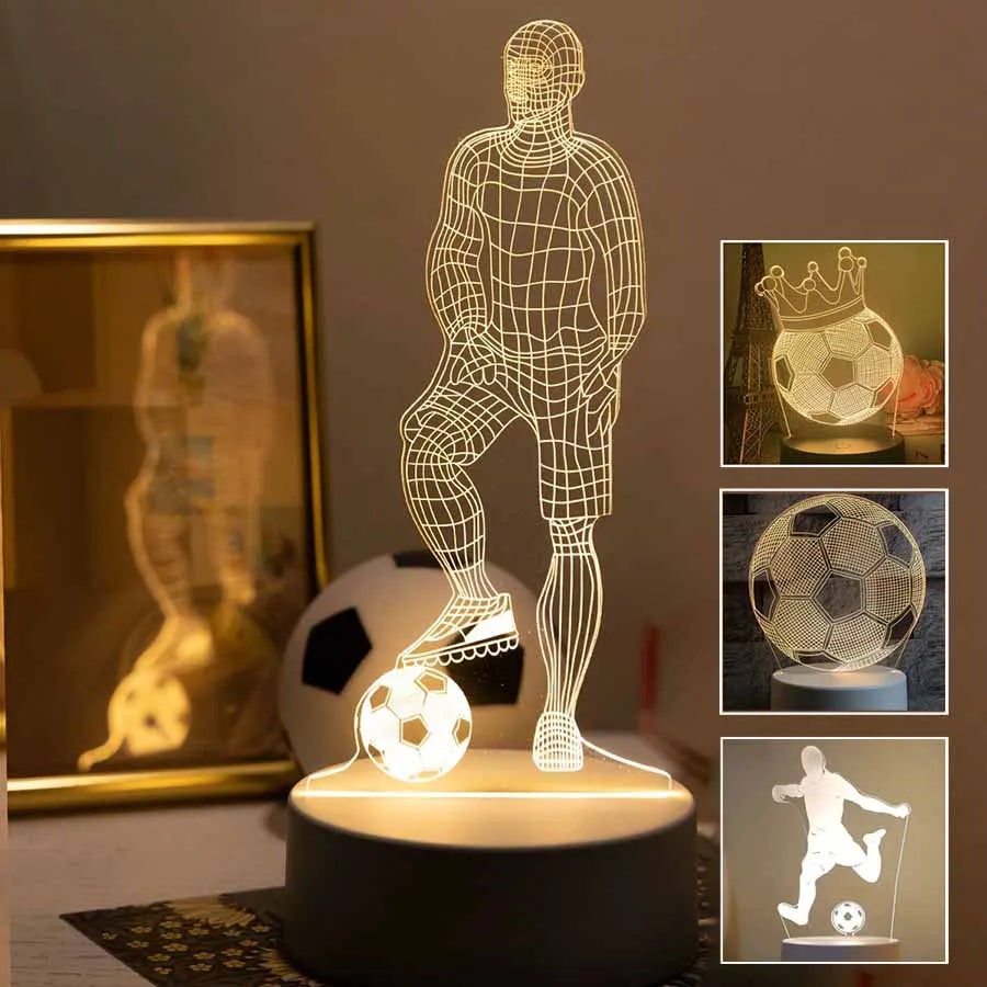 A wireframe human figure stands next to a glowing football, illustrating a 3D LED football night light.