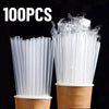 A pack of 100 clear disposable drinking straws standing upright in cardboard cups.