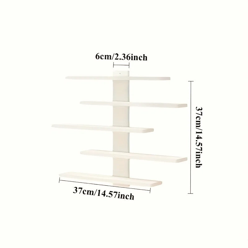 A set of four white floating wall shelves for display and storage, measuring 6cm/2.36inch in height.