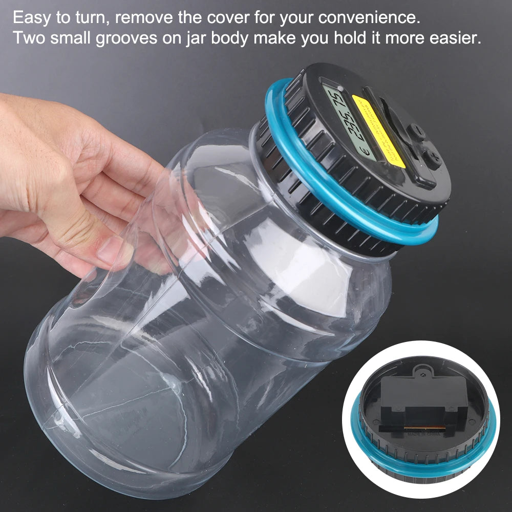 A hand is shown easily turning the cover of a clear digital coin saving jar, highlighting two grooves for easier handling.