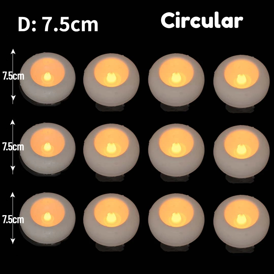 A set of round, white floating LED tealight candles shown in various lighting conditions.