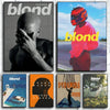 A collage of four album covers for Frank Ocean's blond featuring a portrait, a figure in pink, and two other scenes.
