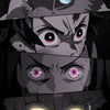 A close-up illustration of a demon slayer character's eyes with intense pink and blue irises.