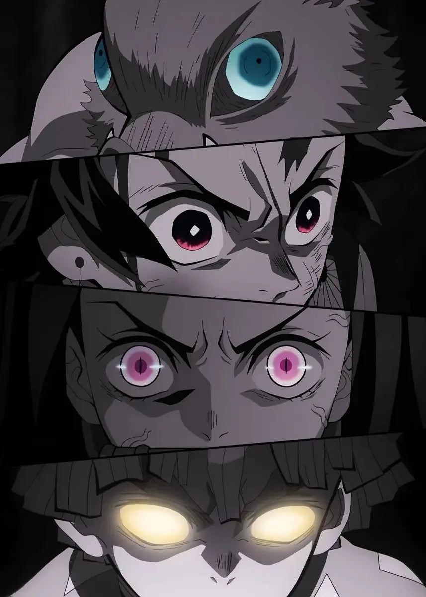 A close-up illustration of a demon slayer character's eyes with intense pink and blue irises.