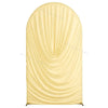 A smooth, golden yellow stretchy spandex arch cover used for weddings and events.