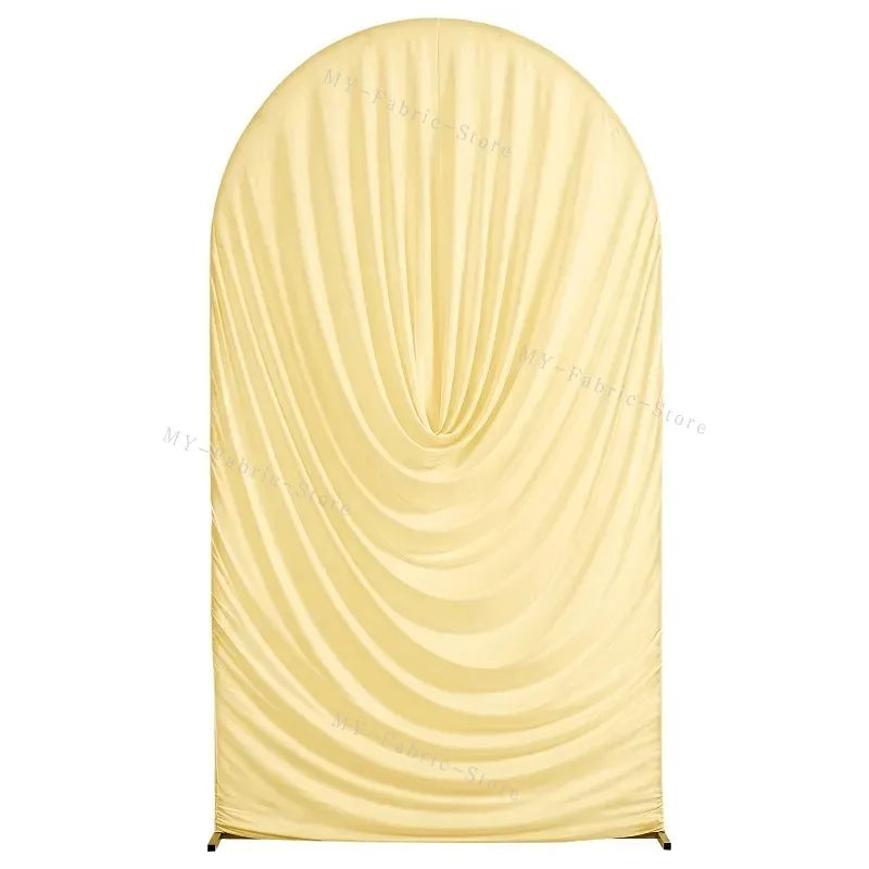 A smooth, golden yellow stretchy spandex arch cover used for weddings and events.