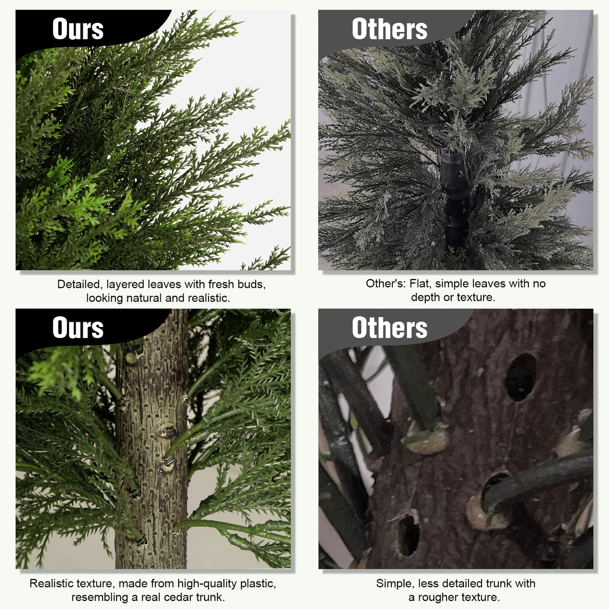 Comparison of two types of artificial cedar topiary trees showing detailed layered leaves and simple, rougher foliage.