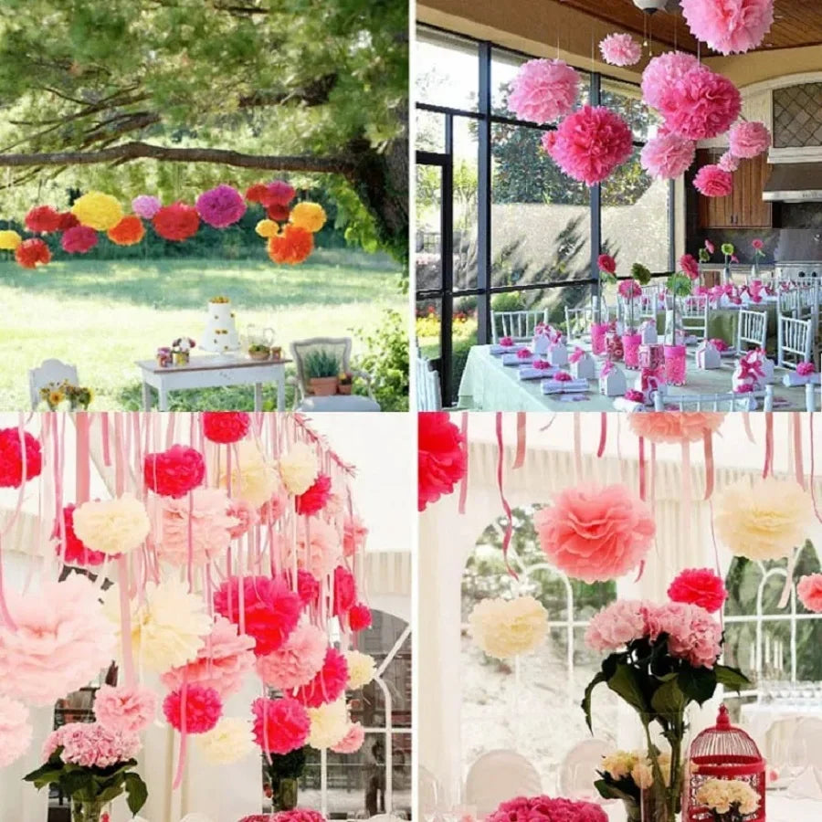 Pink and coral tissue paper flowers hanging decor for gift wrapping and DIY crafts