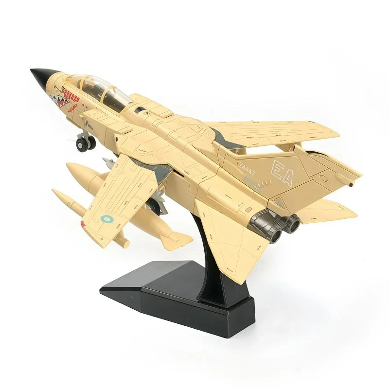 A model of a Panavia Tornado fighter jet built from plastic blocks, shown in a side view.