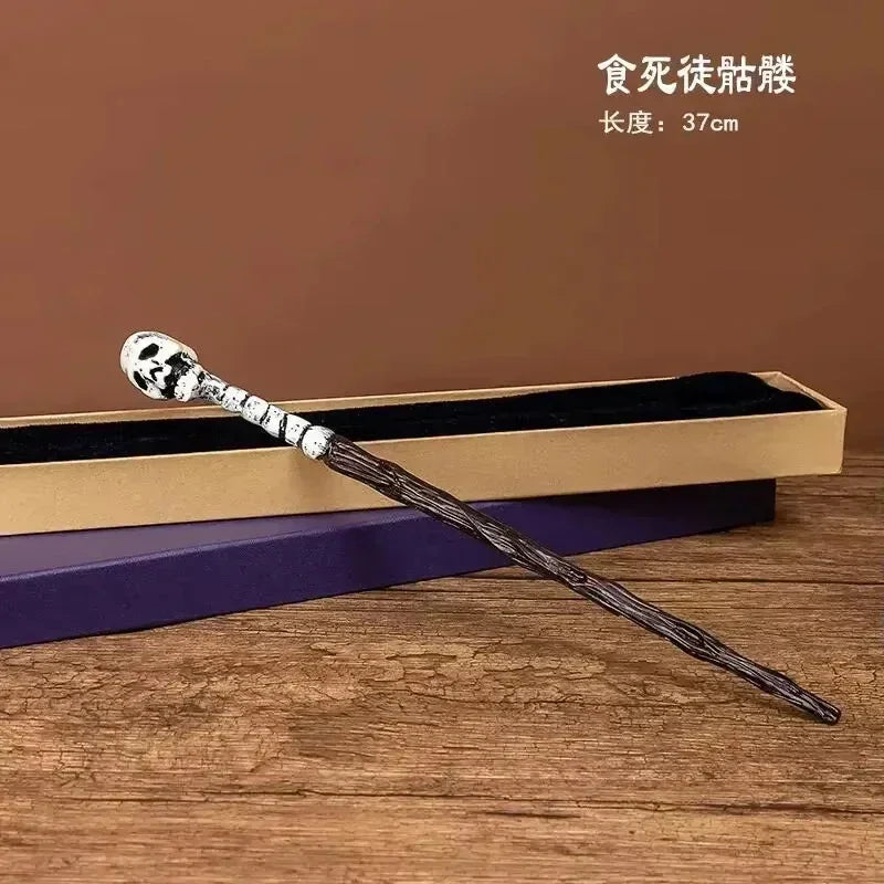 A long, slender magic wand with a white and black patterned handle is displayed on a wooden surface.