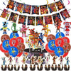 A collection of Five Nights at Freddy's themed birthday party supplies including decorations and food items.