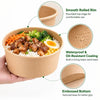 A brown kraft paper bowl filled with a meal, showing features like a smooth rim, waterproof coating, and an embossed bottom.