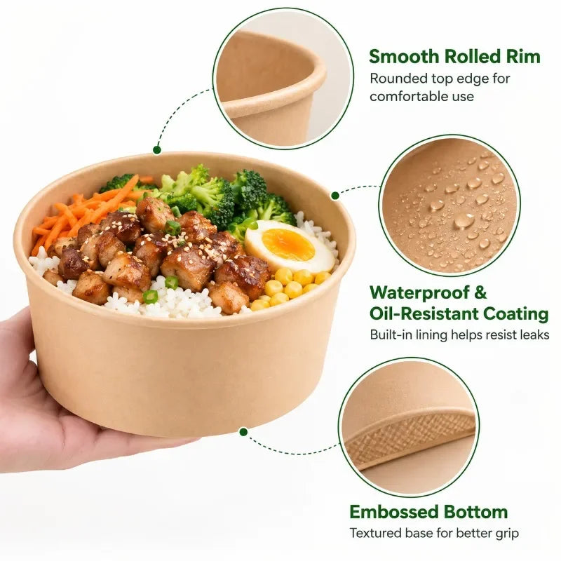 A brown kraft paper bowl filled with a meal, showing features like a smooth rim, waterproof coating, and an embossed bottom.